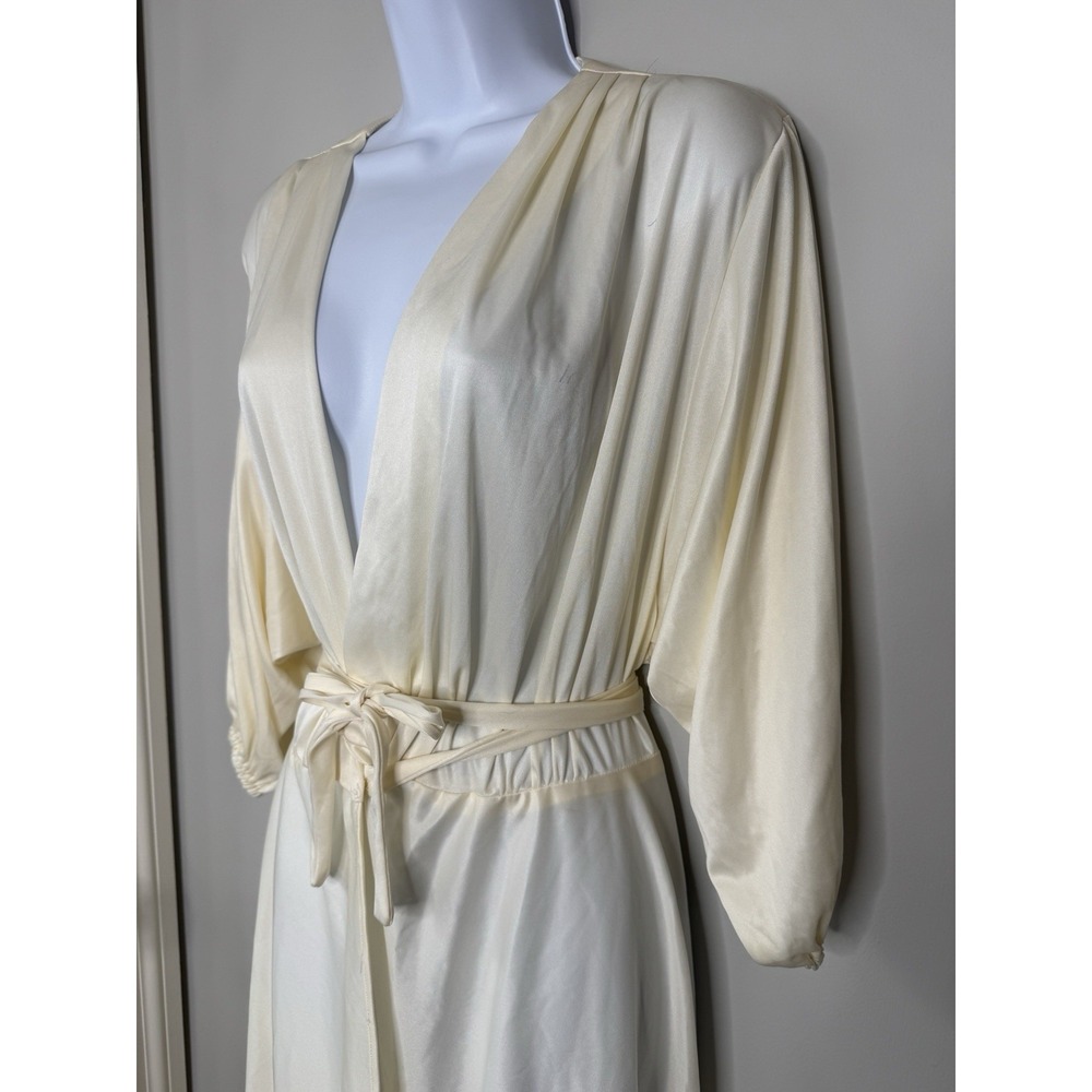 Vintage Cream Satin Robe Size L Boho Bridal Puff Sleeve Tie Waist Romantic - Picture 2 of 14